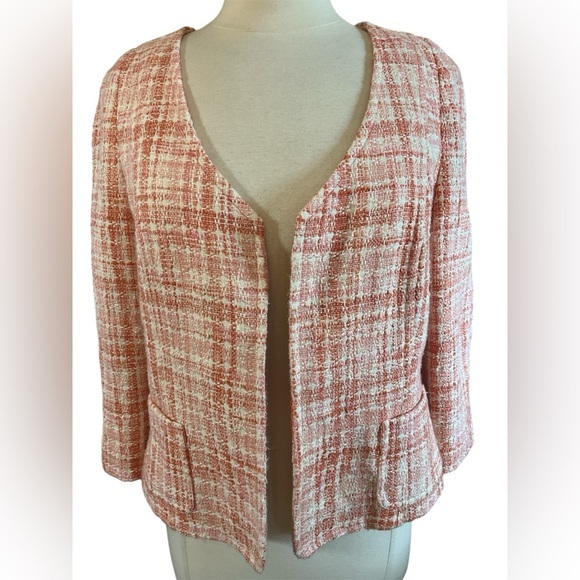 Talbots Jackets & Blazers - Talbots Orange,Pink & Cream Tweed Open Blazer w/pockets & Cropped Length Size 14